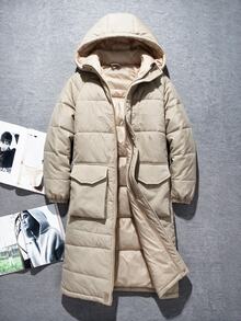 SHEIN 兒童青少年男孩休閒百搭舒適寬鬆實用純色拉鍊連帽卡其色保暖內裡加厚中長版外套，適合秋冬羽絨外套、填充外套、派克大衣 - 卡其色 - 查看 8