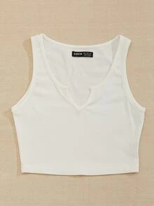 SHEIN PariChic Notch Neck Rib-knit Tank Top - White - View 3