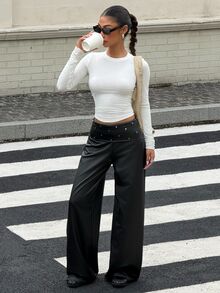 Muchica 黑色PU折疊腰鉚釘裝飾直筒長褲，適合外出、街頭風、Y2K，女性秋季服飾 - 黑色 - 查看 6