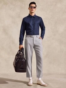Courvante Men's Single-Breasted Business Travel Long Sleeve Shirt, Formal, Old Money Daily Commute‌ Fall Winter Office Navy Blue - Indigo - View 7