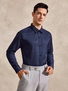 Courvante Men's Single-Breasted Business Travel Long Sleeve Shirt, Formal, Old Money Daily Commute‌ Fall Winter Office Navy Blue - Indigo - View 4