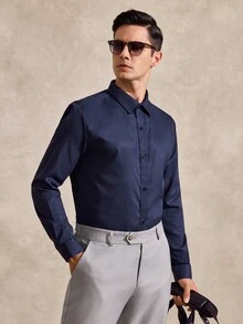 Courvante Men's Single-Breasted Business Travel Long Sleeve Shirt, Formal, Old Money Daily Commute‌ Fall Winter Office Navy Blue - Indigo - View 1