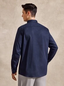 Courvante Men's Single-Breasted Business Travel Long Sleeve Shirt, Formal, Old Money Daily Commute‌ Fall Winter Office Navy Blue - Indigo - View 3