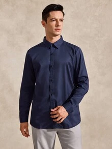 Courvante Men's Single-Breasted Business Travel Long Sleeve Shirt, Formal, Old Money Daily Commute‌ Fall Winter Office Navy Blue - Indigo - View 5