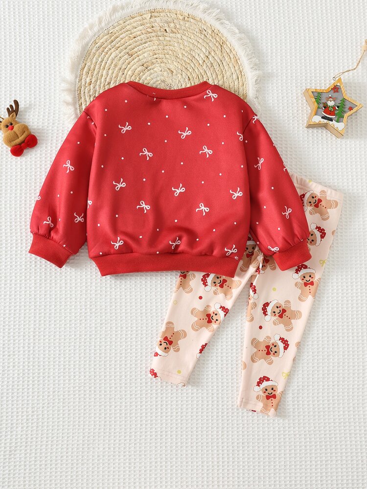 Cozy Pixies 2pcs Kids Baby Girl Casual Daily Comfortable Printed Patchwork Embroidery Crew Neck Pullover Long Sleeve Sweatshirt And Sweatpants Knit 2 Pieces Set, Christmas Reindeer, Christmas Bear, Christmas Hat 3D Animal Pattern, Suitable For Autumn/Winter, Street Vintage Style, Easy And Comfortable, Children's Autumn/Winter Layering - Red - View 2
