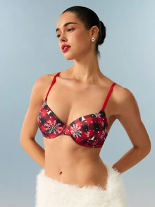 Bralution Christmas Plaid Snowflake Molded Cup Underwire Push-Up Seamless Cup Detail Comfortable All-Day Wear Vintage Cute Elegant Sexy Women's Bra - Red - View 4