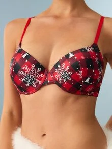 Bralution Christmas Plaid Snowflake Molded Cup Underwire Push-Up Seamless Cup Detail Comfortable All-Day Wear Vintage Cute Elegant Sexy Women's Bra - Red - View 5