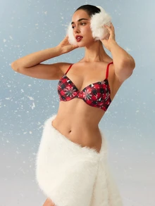Bralution Christmas Plaid Snowflake Molded Cup Underwire Push-Up Seamless Cup Detail Comfortable All-Day Wear Vintage Cute Elegant Sexy Women's Bra - Red - View 2