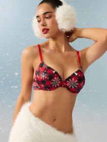 Bralution Christmas Plaid Snowflake Molded Cup Underwire Push-Up Seamless Cup Detail Comfortable All-Day Wear Vintage Cute Elegant Sexy Women's Bra - Red - View 7