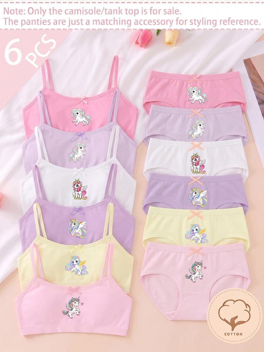6pcs/Set Girls Toddler Young Girl Traceable Cotton Multi-Color Simple Sweet Soft Comfortable Unicorn Print With Bow Camisole Undershirt Autumn Winter - Multicolor - View 1