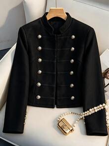 Omancia European And American Style Smart Casual Black Double-Breasted Short Jacket For Women, Vintage Military Style Waist-Cinching Slimming Going Out Fall - Black - View 7