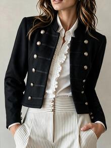 Omancia European And American Style Smart Casual Black Double-Breasted Short Jacket For Women, Vintage Military Style Waist-Cinching Slimming Going Out Fall - Black - View 3