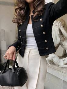 Omancia European And American Style Smart Casual Black Double-Breasted Short Jacket For Women, Vintage Military Style Waist-Cinching Slimming Going Out Fall - Black - View 4