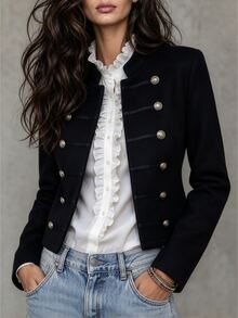 Omancia European And American Style Smart Casual Black Double-Breasted Short Jacket For Women, Vintage Military Style Waist-Cinching Slimming Going Out Fall - Black - View 1