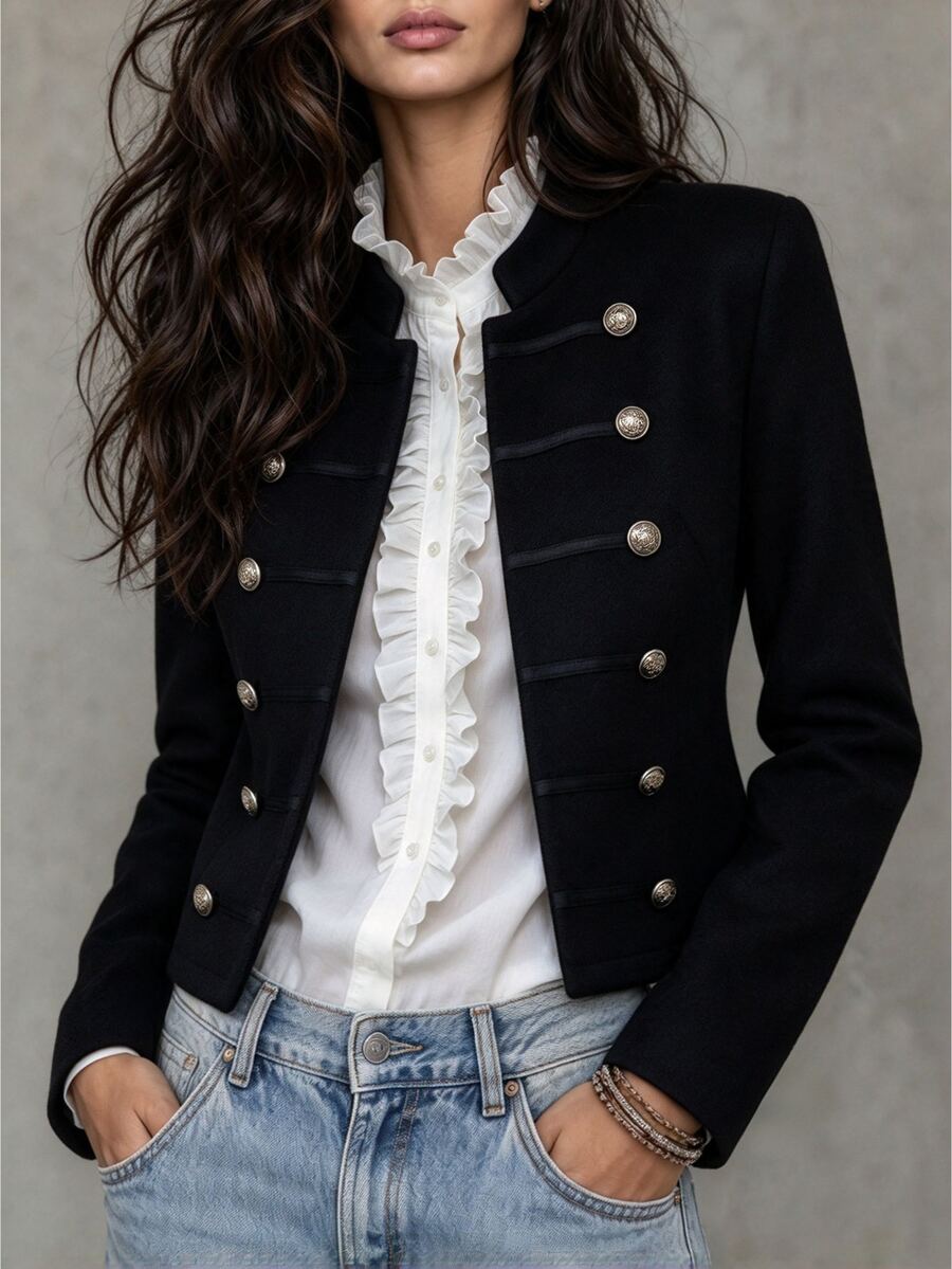 Omancia European And American Style Smart Casual Black Double-Breasted Short Jacket For Women, Vintage Military Style Waist-Cinching Slimming Going Out Fall - Black - View 1
