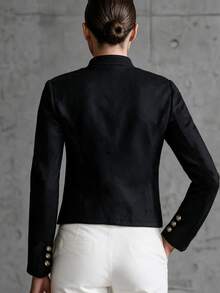 Omancia European And American Style Smart Casual Black Double-Breasted Short Jacket For Women, Vintage Military Style Waist-Cinching Slimming Going Out Fall - Black - View 2