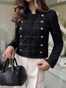 Omancia European And American Style Smart Casual Black Double-Breasted Short Jacket For Women, Vintage Military Style Waist-Cinching Slimming Going Out Fall - Black - View 5