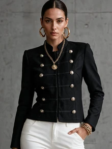 Omancia European And American Style Smart Casual Black Double-Breasted Short Jacket For Women, Vintage Military Style Waist-Cinching Slimming Going Out Fall - Black - View 6