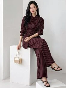 Heiryn 2pcs/Set Women's Cinched Waist Korean Retro Style Shirt And Pants, Versatile For Commute And Everyday Wear,Cozy Fall And Winter Clothes For Women - Burgundy - View 7