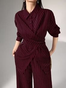 Heiryn 2pcs/Set Women's Cinched Waist Korean Retro Style Shirt And Pants, Versatile For Commute And Everyday Wear,Cozy Fall And Winter Clothes For Women - Burgundy - View 1