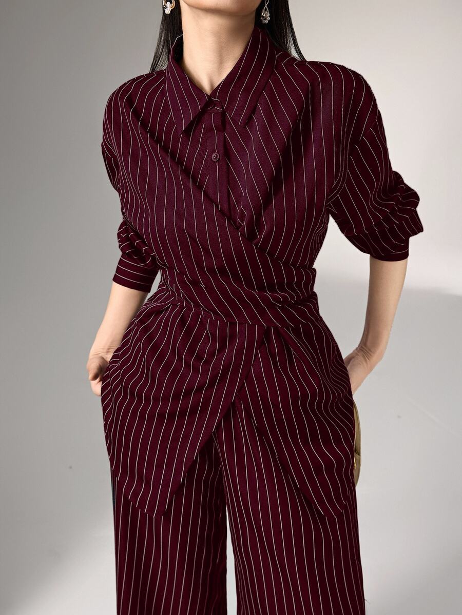 Heiryn 2pcs/Set Women's Cinched Waist Korean Retro Style Shirt And Pants, Versatile For Commute And Everyday Wear,Cozy Fall And Winter Clothes For Women - Burgundy - View 1
