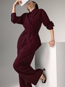 Heiryn 2pcs/Set Women's Cinched Waist Korean Retro Style Shirt And Pants, Versatile For Commute And Everyday Wear,Cozy Fall And Winter Clothes For Women - Burgundy - View 11