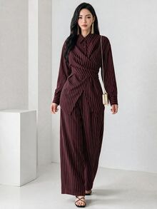 Heiryn 2pcs/Set Women's Cinched Waist Korean Retro Style Shirt And Pants, Versatile For Commute And Everyday Wear,Cozy Fall And Winter Clothes For Women - Burgundy - View 6