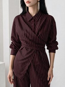 Heiryn 2pcs/Set Women's Cinched Waist Korean Retro Style Shirt And Pants, Versatile For Commute And Everyday Wear,Cozy Fall And Winter Clothes For Women - Burgundy - View 5