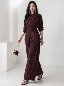 Heiryn 2pcs/Set Women's Cinched Waist Korean Retro Style Shirt And Pants, Versatile For Commute And Everyday Wear,Cozy Fall And Winter Clothes For Women - Burgundy - View 8