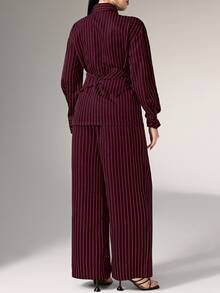 Heiryn 2pcs/Set Women's Cinched Waist Korean Retro Style Shirt And Pants, Versatile For Commute And Everyday Wear,Cozy Fall And Winter Clothes For Women - Burgundy - View 13