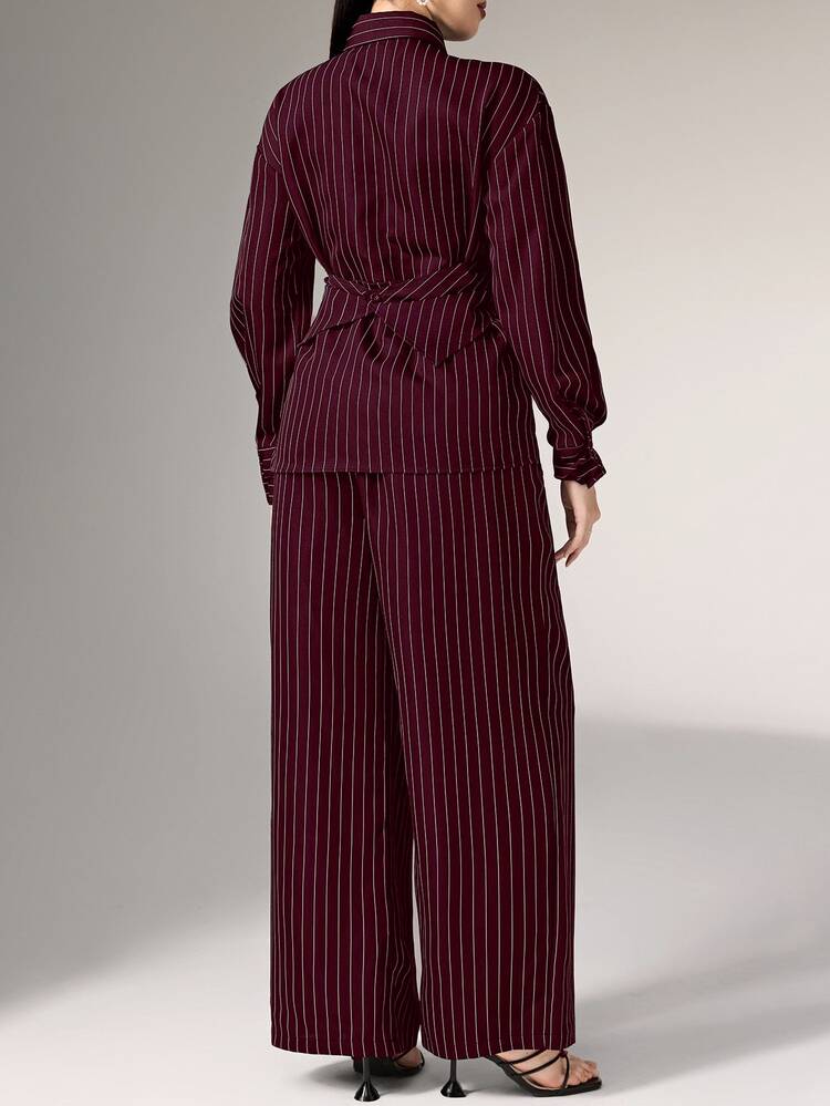 Heiryn 2pcs/Set Women's Cinched Waist Korean Retro Style Shirt And Pants, Versatile For Commute And Everyday Wear,Cozy Fall And Winter Clothes For Women - Burgundy - View 13