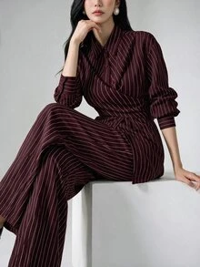 Heiryn 2pcs/Set Women's Cinched Waist Korean Retro Style Shirt And Pants, Versatile For Commute And Everyday Wear,Cozy Fall And Winter Clothes For Women - Burgundy - View 4