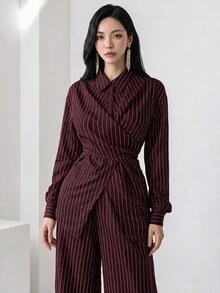 Heiryn 2pcs/Set Women's Cinched Waist Korean Retro Style Shirt And Pants, Versatile For Commute And Everyday Wear,Cozy Fall And Winter Clothes For Women - Burgundy - View 3