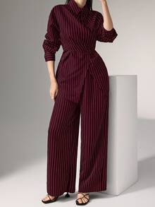 Heiryn 2pcs/Set Women's Cinched Waist Korean Retro Style Shirt And Pants, Versatile For Commute And Everyday Wear,Cozy Fall And Winter Clothes For Women - Burgundy - View 12