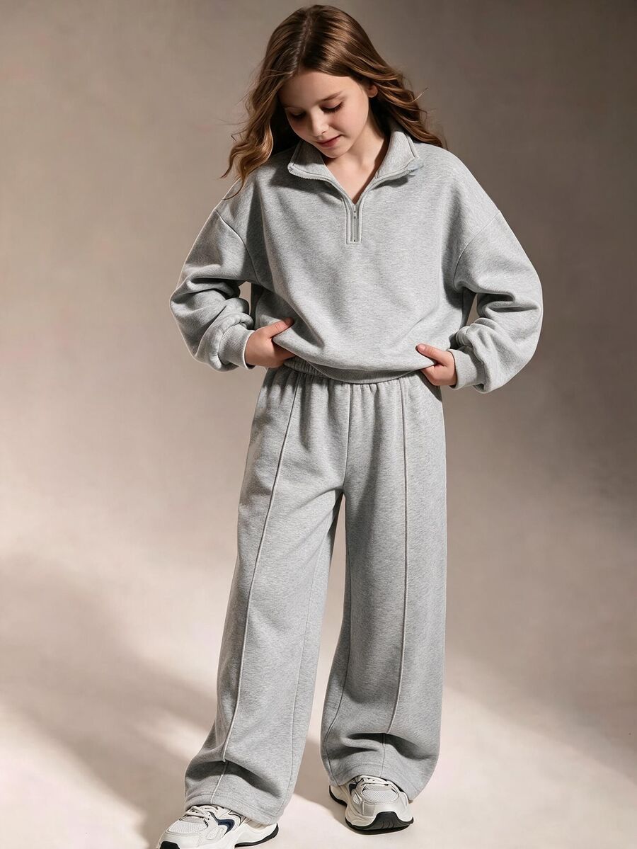 SHEIN Tween Girls Light Grey 2 Pieces HalfZip Stand Collar Sweatshirt WideLeg Pants Fall Casual Cute Athletic Sweatsuit Outfit School Off Campus - Light Grey - View 1