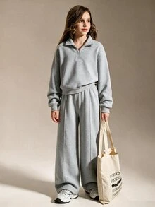 SHEIN Tween Girls Light Grey 2 Pieces HalfZip Stand Collar Sweatshirt WideLeg Pants Fall Casual Cute Athletic Sweatsuit Outfit School Off Campus - Light Grey - View 5