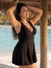 Swim Lushoire 2026 New Black Summer Beach Mature Camisole Style Flattering Plus Size Women's Swimwear Set - Black - View 3