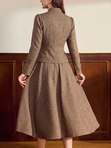 Vintamour Vintage Elegant Women's Suit Set Embroidered Button Jacket Skirt Casual Commute Holiday Party 2 Pieces Set Fall/Winter Christmas Wedding Guest Western - Brown - View 10