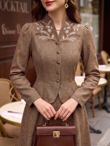Vintamour Vintage Elegant Women's Suit Set Embroidered Button Jacket Skirt Casual Commute Holiday Party 2 Pieces Set Fall/Winter Christmas Wedding Guest Western - Brown - View 2