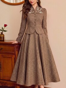 Vintamour Vintage Elegant Women's Suit Set Embroidered Button Jacket Skirt Casual Commute Holiday Party 2 Pieces Set Fall/Winter Christmas Wedding Guest Western - Brown - View 8