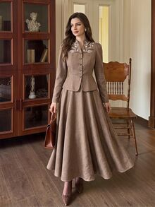 Vintamour Vintage Elegant Women's Suit Set Embroidered Button Jacket Skirt Casual Commute Holiday Party 2 Pieces Set Fall/Winter Christmas Wedding Guest Western - Brown - View 6