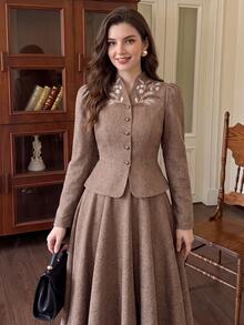 Vintamour Vintage Elegant Women's Suit Set Embroidered Button Jacket Skirt Casual Commute Holiday Party 2 Pieces Set Fall/Winter Christmas Wedding Guest Western - Brown - View 5