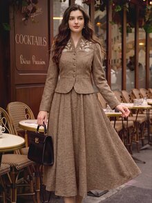 Vintamour Vintage Elegant Women's Suit Set Embroidered Button Jacket Skirt Casual Commute Holiday Party 2 Pieces Set Fall/Winter Christmas Wedding Guest Western - Brown - View 3