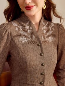 Vintamour Vintage Elegant Women's Suit Set Embroidered Button Jacket Skirt Casual Commute Holiday Party 2 Pieces Set Fall/Winter Christmas Wedding Guest Western - Brown - View 4