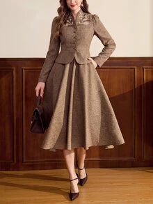 Vintamour Vintage Elegant Women's Suit Set Embroidered Button Jacket Skirt Casual Commute Holiday Party 2 Pieces Set Fall/Winter Christmas Wedding Guest Western - Brown - View 9