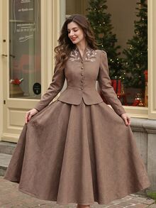 Vintamour Vintage Elegant Women's Suit Set Embroidered Button Jacket Skirt Casual Commute Holiday Party 2 Pieces Set Fall/Winter Christmas Wedding Guest Western - Brown - View 7