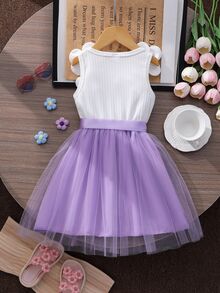 SHEIN 女童3D花卉网眼无袖圆领休闲夏装 - 紫色 - 查看 3