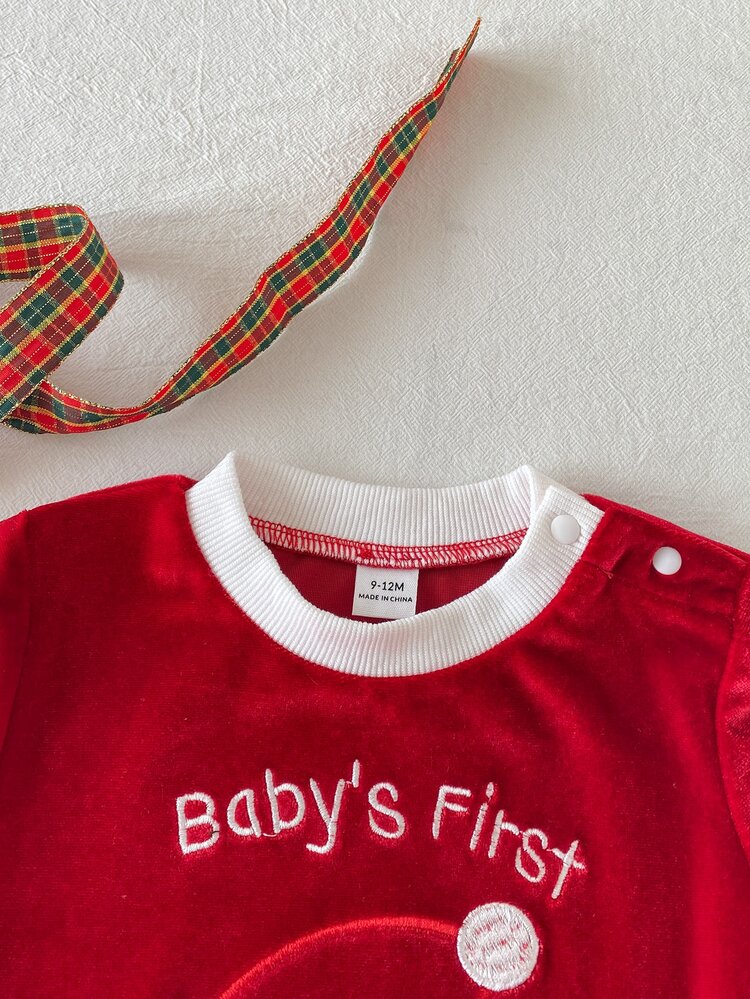 SHEIN 2pcs Newborn Baby Boy Bodysuit Cute Sweet Red White Santa Patch Fuzzy Trim Long Sleeve Round Neck Party Winter Holiday Pull Plush - Red and White - View 7