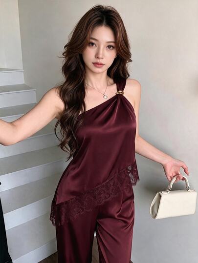 Tideelle Summer New Women's Top + Wide Leg Pants Set, Asymmetrical Hem With Lace Trim, Black Two Pieces Set, Metal Button Decoration, Elegant Lace Trim Fitted Asymmetrical Shoulder Top + Pants Set, Sexy Sleeveless Top, Suitable For Party, Date, Cocktail Party, Formal Occasions And Business Casual Wear, Women's Beach Outfit