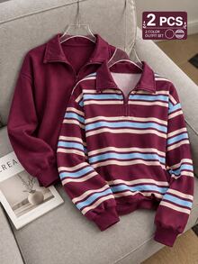 SHEIN 青少年女孩 2件套休閒端莊純色酒紅半拉鍊套頭上衣與復古百褶裙套裝，學院風秋季校園活動穿搭 - 酒紅色 - 查看 1